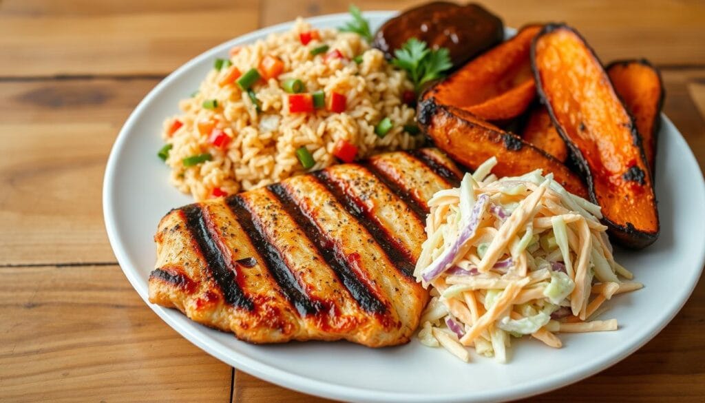 Grilled Chicken with Fried Rice, Sweet Potatoes, and Coleslaw